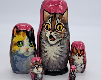 5" kattennestpoppen 5 in 1 matroesjka Handgemaakt en geschilderd in Oekraïne Kitty Russische pop Houten speelgoed voor kinderen geschenken
