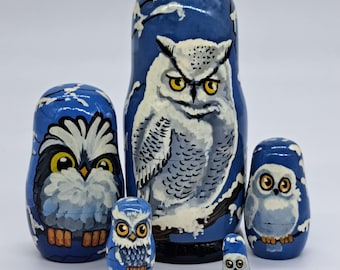 Poupées Gigognes Matriochka – Motif Chouette, Peintes à La Main, Signées Camoirnoba VB