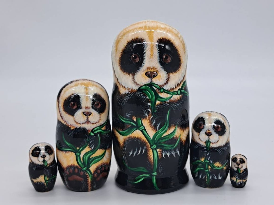 5 Panda Nesting Dolls Matryoshka Handmade and Painted Animal Stacking