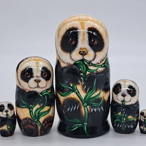 5&quot; Panda Nesting dolls Matryoshka Handmade and painted Animal stacking dolls 5 in 1 Wooden toy for kids gifts and collection or home decor