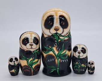 Poupées gigognes panda faites main : jouet matryoshka peint 5 en 1