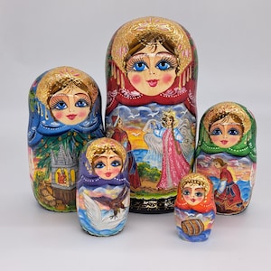 7&quot; Nesting dolls 5 in 1 Fairytale matryoshka Hand crafted in Ukraine Wooden toy Artwork