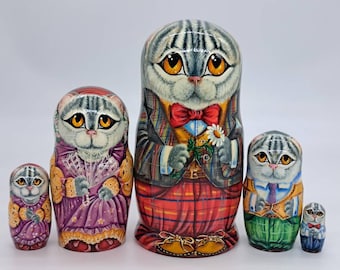 7" kattennestpoppen Matroesjka Handgemaakt en geschilderd in Oekraïne Houten speelgoed Stapelpoppen Russische pop 5-in-1 cadeau voor kinderen Woondecoratie