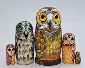 4" Owl nesting dolls 5 in 1 matryoshka Made in Ukraine Wooden toy Stacking dolls Good for kids gift Home decor For owl collectors