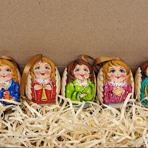 Christmas tree decorations &quot;Angels&quot; Wooden painted eggs 5 pieces set Hand made in Ukraine Holiday toy Home decor