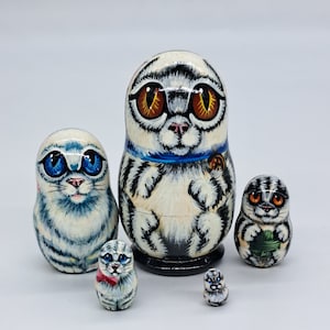 4&quot; White cats nesting dolls Handmade and painted in Ukraine Stacking dolls 5 in 1 Wooden toy for kids home decor