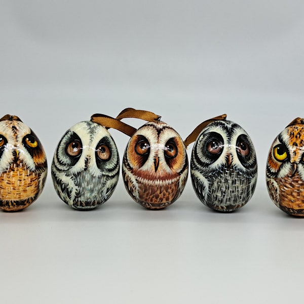 Christmas ornaments Owls Wooden eggs Holidsy tree decorations 5 in set Hand made in Ukraine Home room decor