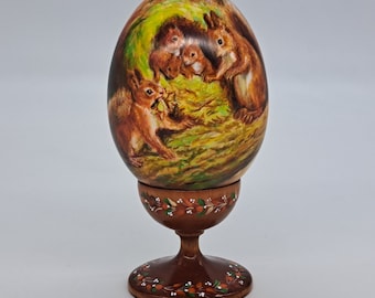 Squirrels Wooden figurine Oil painted Egg shape Forest life Handmade and painted in Ukraine in 2024 for collection or gift Home decor