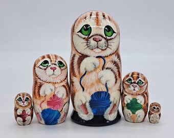 Cat nesting dolls Matryoshka 5" tall Handmade and painted in Ukraine nesting dolls Animal stacking dolls 5 in 1 Wooden toy for kids