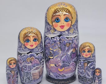Handmade Purple Nesting Dolls, 5-Piece Wooden Matryoshka Toy, Ukrainian Home Decor