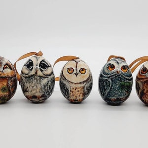 May include: Five hand-painted owl ornaments with brown, white, and gray feathers. Each ornament has a brown ribbon loop for hanging.