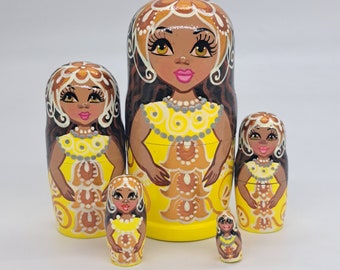 5&quot; African Princess Nesting dolls 5 in 1 matryoshka Art Russian doll Wooden toy Handmade and painted in Ukraine Home decor