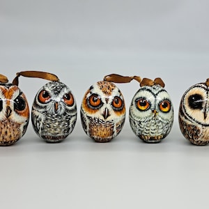 Christmas tree decorations Owls Wooden egg ornaments 5 pieces set Hand made in Ukraine Holiday toy
