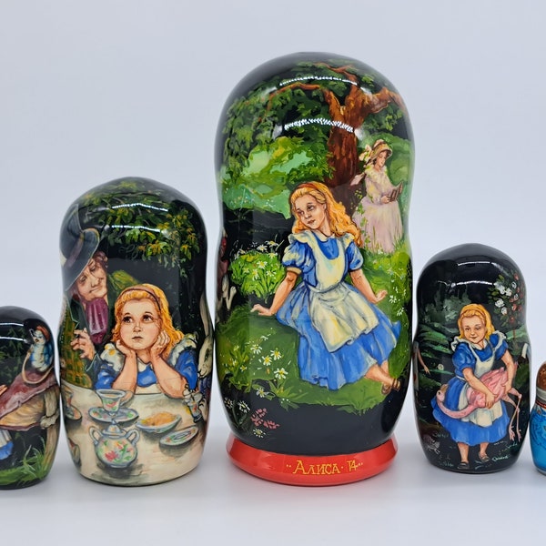 7" Alice in Wonderland nesting dolls matryoshka Hand painted 5 in 1 Artwork Wooden toy Home decor Russian doll Stacking dolls