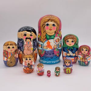 9&quot; Ukrainian Nesting dolls 10 in 1 matryoshka &quot;Happy Family&quot; handmade and hand painted in Ukraine Wooden toy, home decor Exclusive art