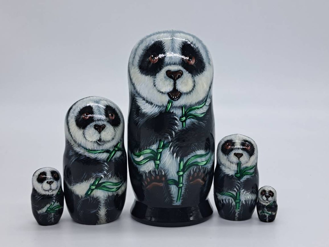 5 Panda Nesting Dolls Matryoshka Handmade and Painted Animal Russian