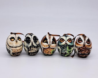 Christmas tree decorations Owls Wooden egg ornaments 5 pieces set Hand made in Ukraine Holiday toy