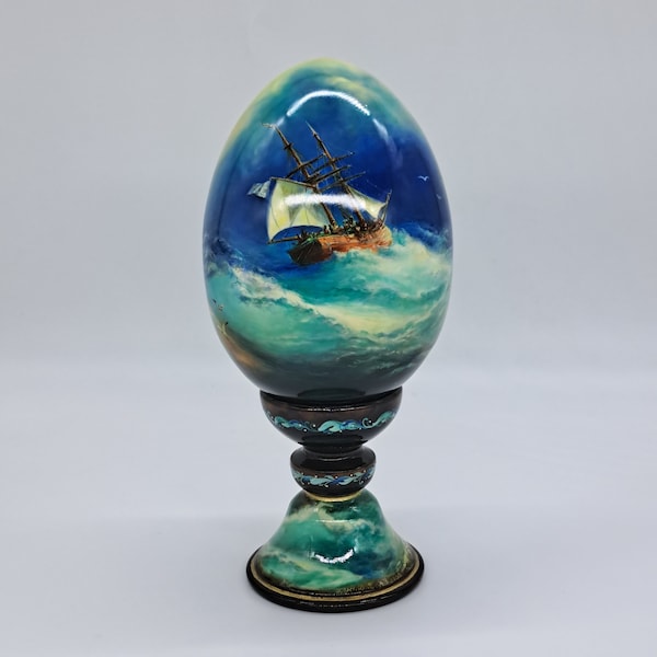 Stormy sea Wooden figurine Egg shape Handmade and painted in Ukraine in 2024 for collection or gift Home decor