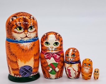 4" Cat matryoshka 5 in 1 Handmade and painted in Ukraine Animal stacking dolls Wooden toy for kids home decor