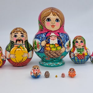 6&quot; Nesting dolls 10 in 1 matryoshka &quot;Ukrainian family&quot; handmade and hand painted in Ukraine Wooden toy, home decor For collection. Signed