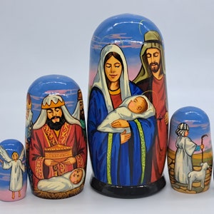 7&quot; Nativity nesting dolls 5 in 1 Christmas matryoshks decor Stacking Wooden toy Handmade and painted in Ukraine