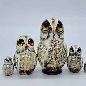 4" Polar owl nesting dolls Bird matryoshka 5 in 1 Made in Ukraine Wooden toy Stacking dolls Good for kids gift Home decor For owl collectors