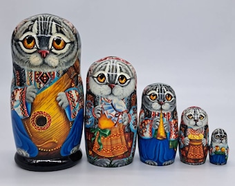 7" Cat Nesting dolls Matryoshka Handmade and painted in Ukraine Wooden toy Stacking dolls Russian doll 5 in 1 Gift for kids Home decor