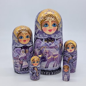 7&quot; Purple Nesting dolls matryoshka 5 in 1 Stacking dolls Handmade in Ukraine Wooden toy Home decor