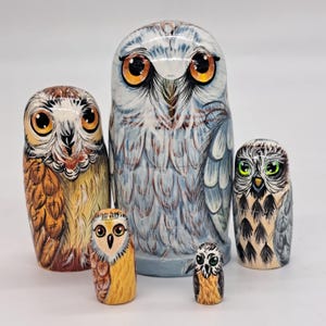 Owl nesting dolls Bird matryoshka 4" tall 5 in 1 Made in Ukraine Wooden toy Stacking Russian doll