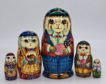 Muñecas rusas Matryoshka de 7 pulgadas con forma de conejito de Pascua, 5 en 1. Hechas en Ucrania. Juguete de madera. Muñecas apilables. Decoración para el hogar. Ideal para niños. Arte exclusivo.