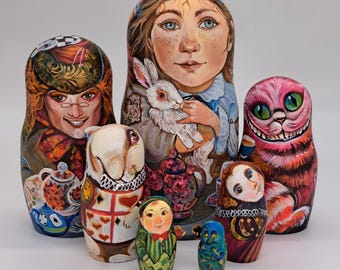 8" Alice Princess Nesting Dolls: 7-Piece Handmade Matryoshka