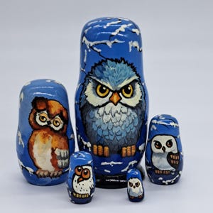 5" Owl nesting dolls Bird matryoshka 5 in 1 Made in Ukraine Wooden toy Stacking dolls Good for kids gift Home decor For owl collectors