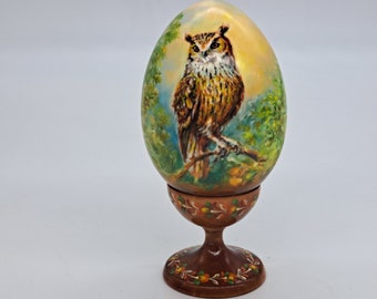 Owl Wooden figurine Oil painted Egg shape Forest life Handmade and painted in Ukraine in 2024 for collection or gift Home decor