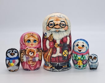 6" Christmas Matryoshka 5 in 1 Santa nesting dolls Handmade in Ukraine Artwork Wooden toy Stacking dolls Ukrainian art Holiday decor