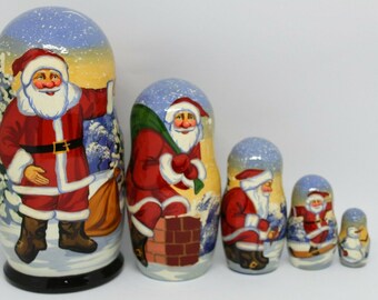 6-Piece Santa Claus Russian Nesting Dolls - Handmade Wooden Stacking Doll Set