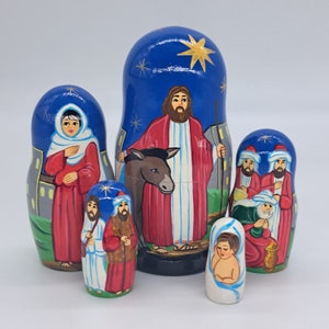 6.3&quot; Nativity nesting dolls 5 in 1 Christmas matryoshks decor Stacking Wooden toy Handmade and painted in Ukraine