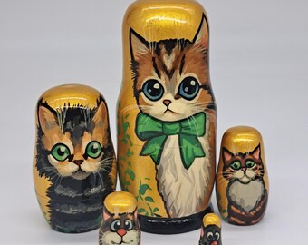 5" nestelende poppen katten vrienden 5 in 1 matroesjka handgemaakte en beschilderde Russische pop houten speelgoed voor kinderen geschenken en collectie