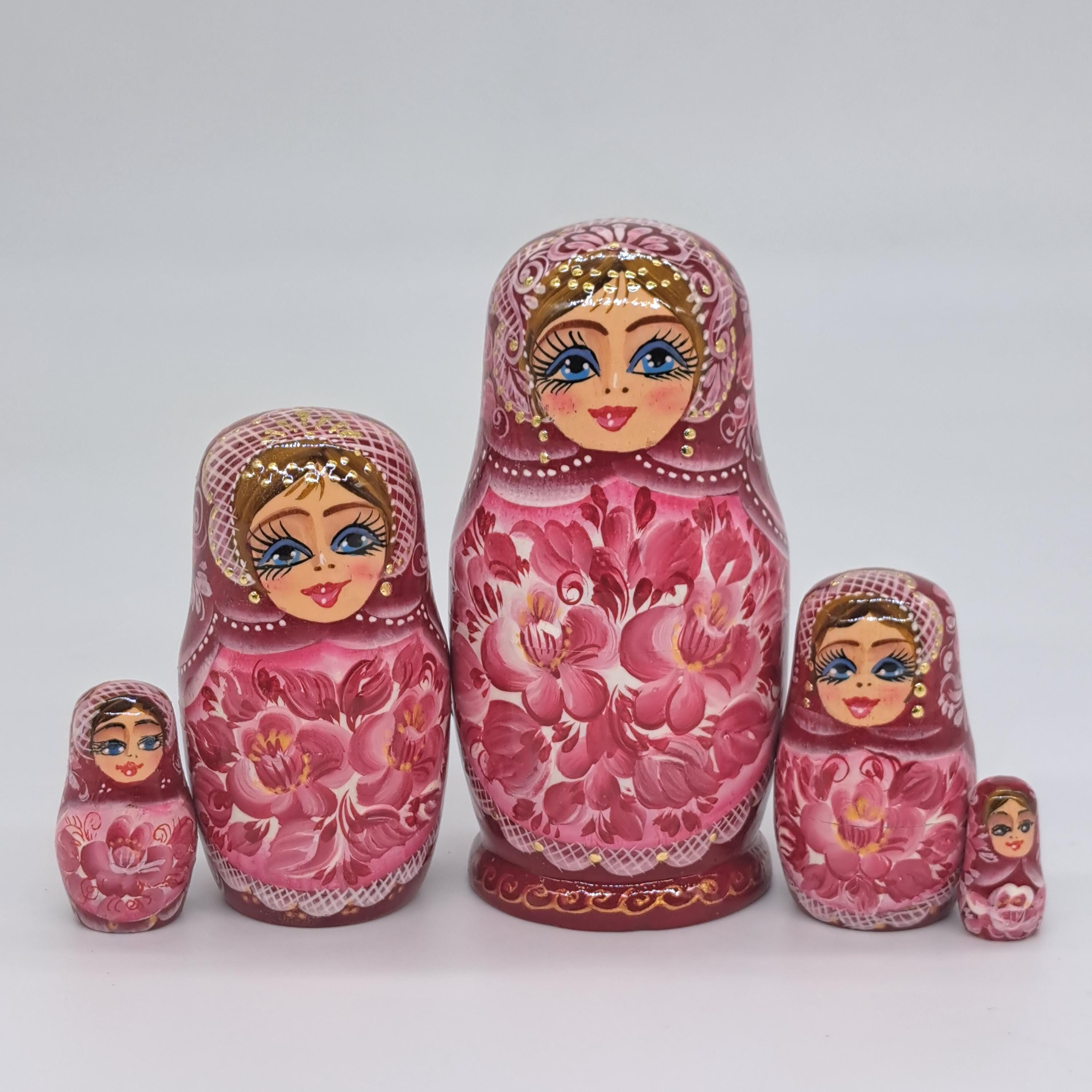花柄木製マトリョーシカ5個セット 手作りの花柄マトリョーシカ人形：5in1の木製入れ子人形 - Etsy 日本