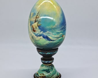 Seascape Wooden figurine Egg shape Handmade and painted in Ukraine in 2024 for collection or gift Home decor