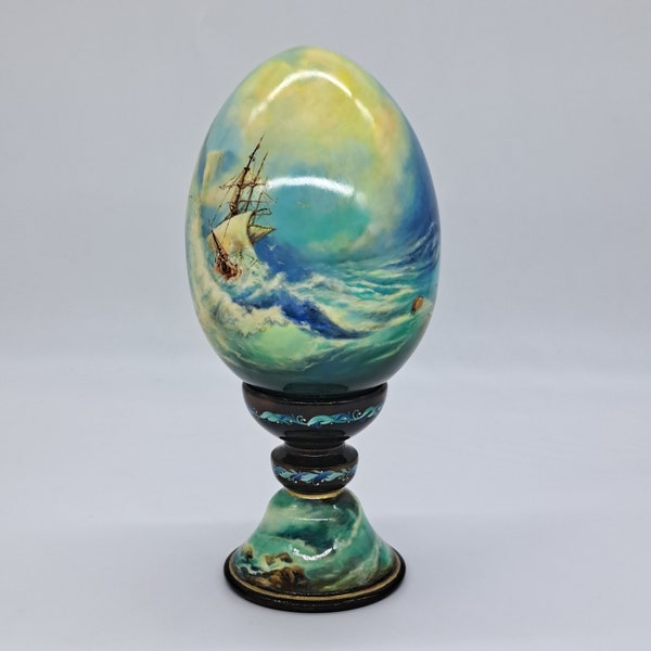 Seascape Wooden figurine Egg shape Handmade and painted in Ukraine in 2024 for collection or gift Home decor