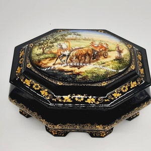 Lacquer miniature box “Village fun” Russian box Hand made in Ukraine Jewelry casket
