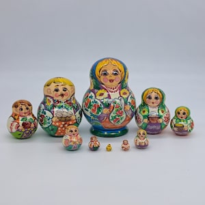 5.5&quot; Ukrainian Family Nesting dolls Matryoshka 10 in 1 made by hand Wooden toy Stacking doll Handmade in Ukraine Fanny art