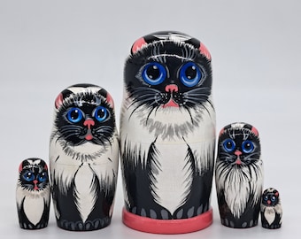 4" Cat Nesting dolls Matryoshka 5 in 1 Handmade painted in Ukraine Stacking dolls Gift for kids and friends Wooden toy Home decor