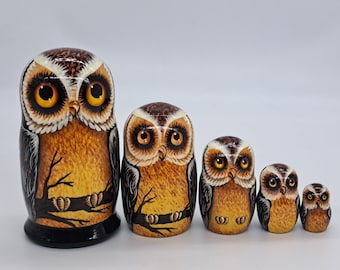 Muñecas Matryoshka de búhos de 5,7" hechas a mano, 5 en 1, hechas a mano en Ucrania, juguete de madera, colección de decoración para el hogar.