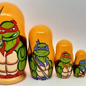 Hand Painted Cartoon Heroes Nesting Dolls: 5-in-1 Wooden Matryoshka Set