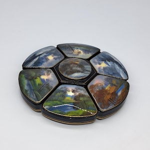 フェドスキノ ロシア漆箱：セルゲイ・パルメオノフ 四季の風景 張り子細工の小箱