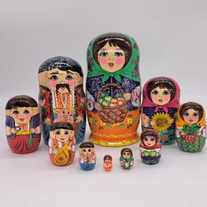9&quot; Ukrainian Nesting dolls 10 in 1 matryoshka &quot;Family&quot; handmade and hand painted in Ukraine Wooden toy, home decor Exclusive art