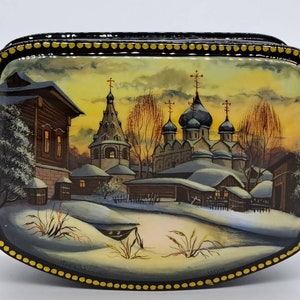 Fedoskino Russian Box Vintage lacquer miniature trinker casket Handmade in 90s Good for collection, gift, home decor, wedding gift