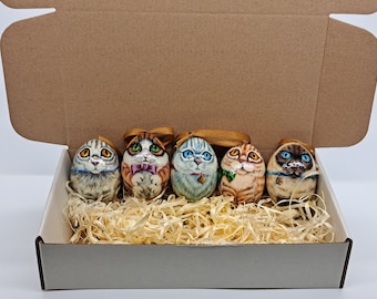 Christbaumschmuck Katzen Holzei Ornamente 5 Stück Set Hand made in der Ukraine Urlaub Spielzeug
