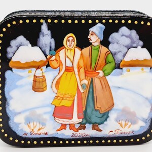 Ukrainian Lacquer Miniature Palekh style jewelry box (2020) Hand painted by Tanchuk in Ukraine Winter country